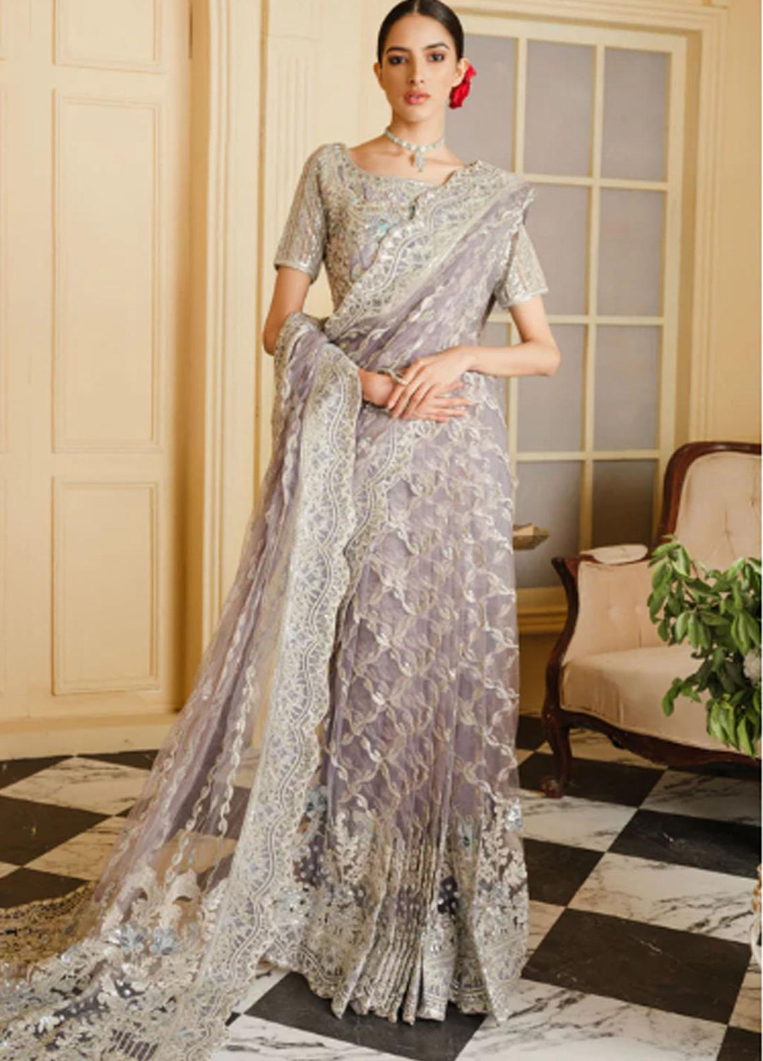 Maryum N Maria Luxury Pret Embroidered Net Saree NIAGARA MIST