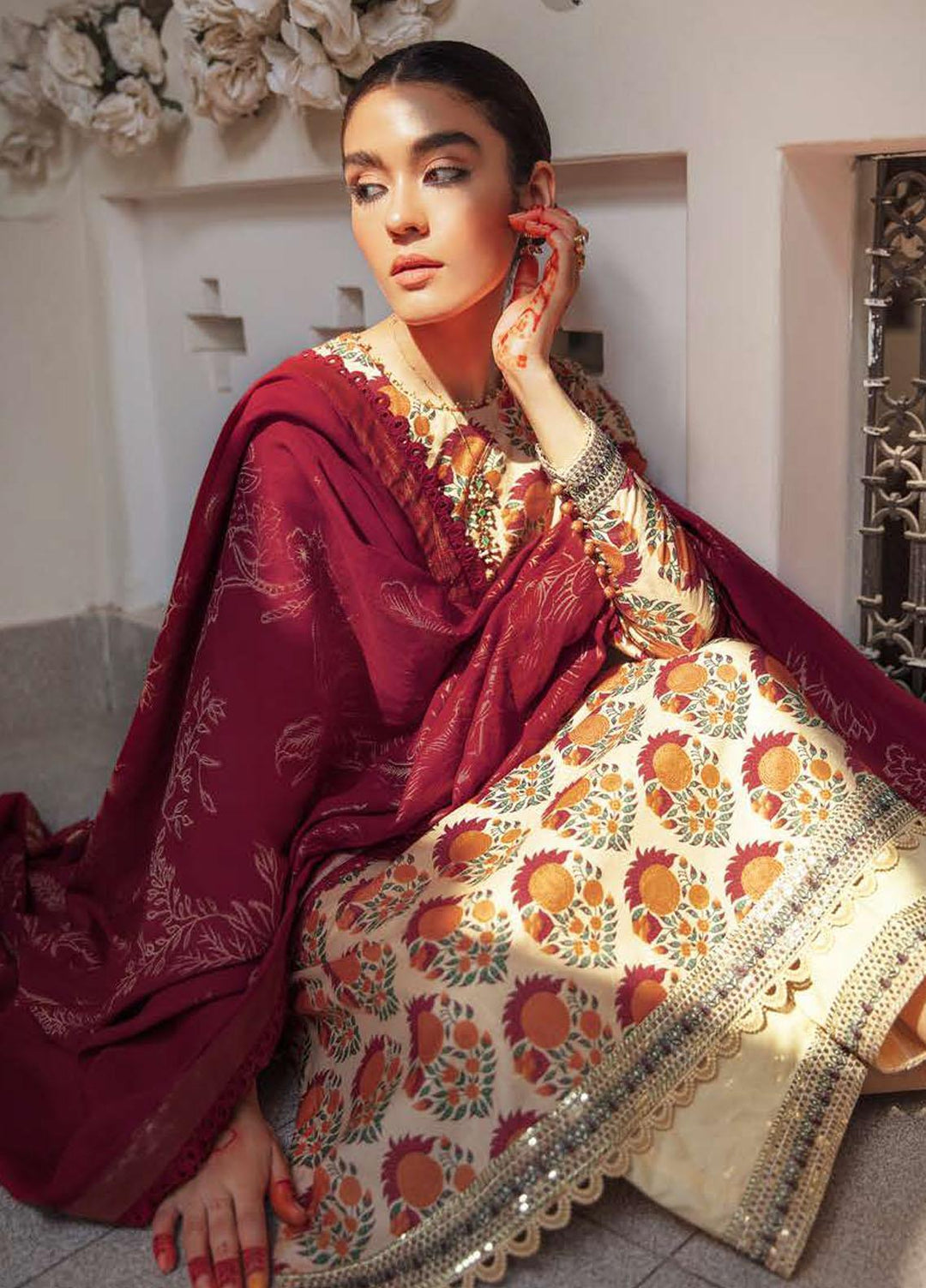 Mehrbano By Cross Stitch Embroidered Lawn Suits Unstitched 3 Piece CS22-ME2 D18 Burnish Sand - Eid Collection