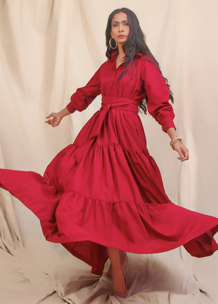 Minutiae Pret Solid Cotton 1 Piece Suit Long Tiered Dress With Kimono Belt