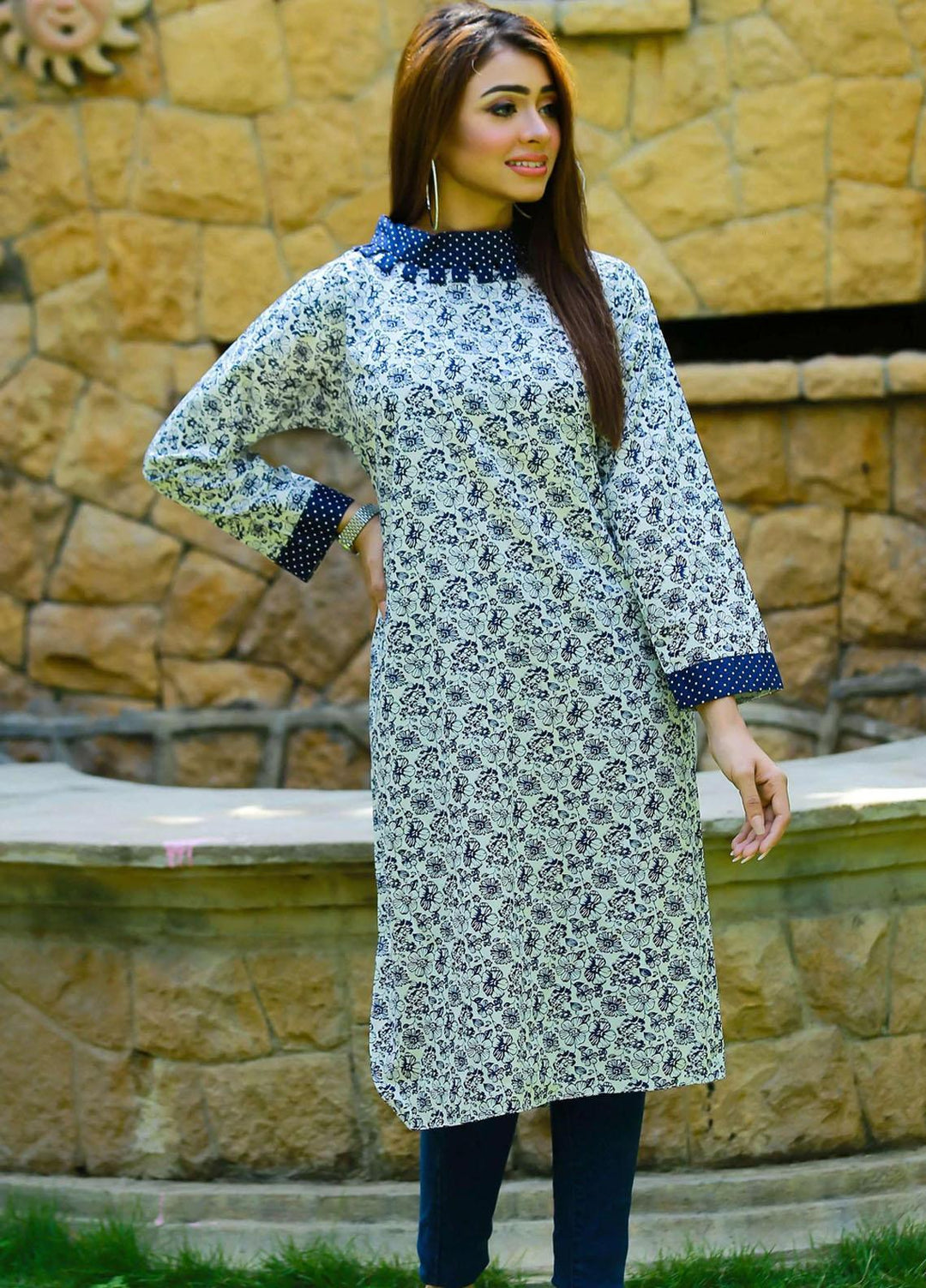 Modest Cotton Casual Kurti for Girls - 2865 Cream Blue