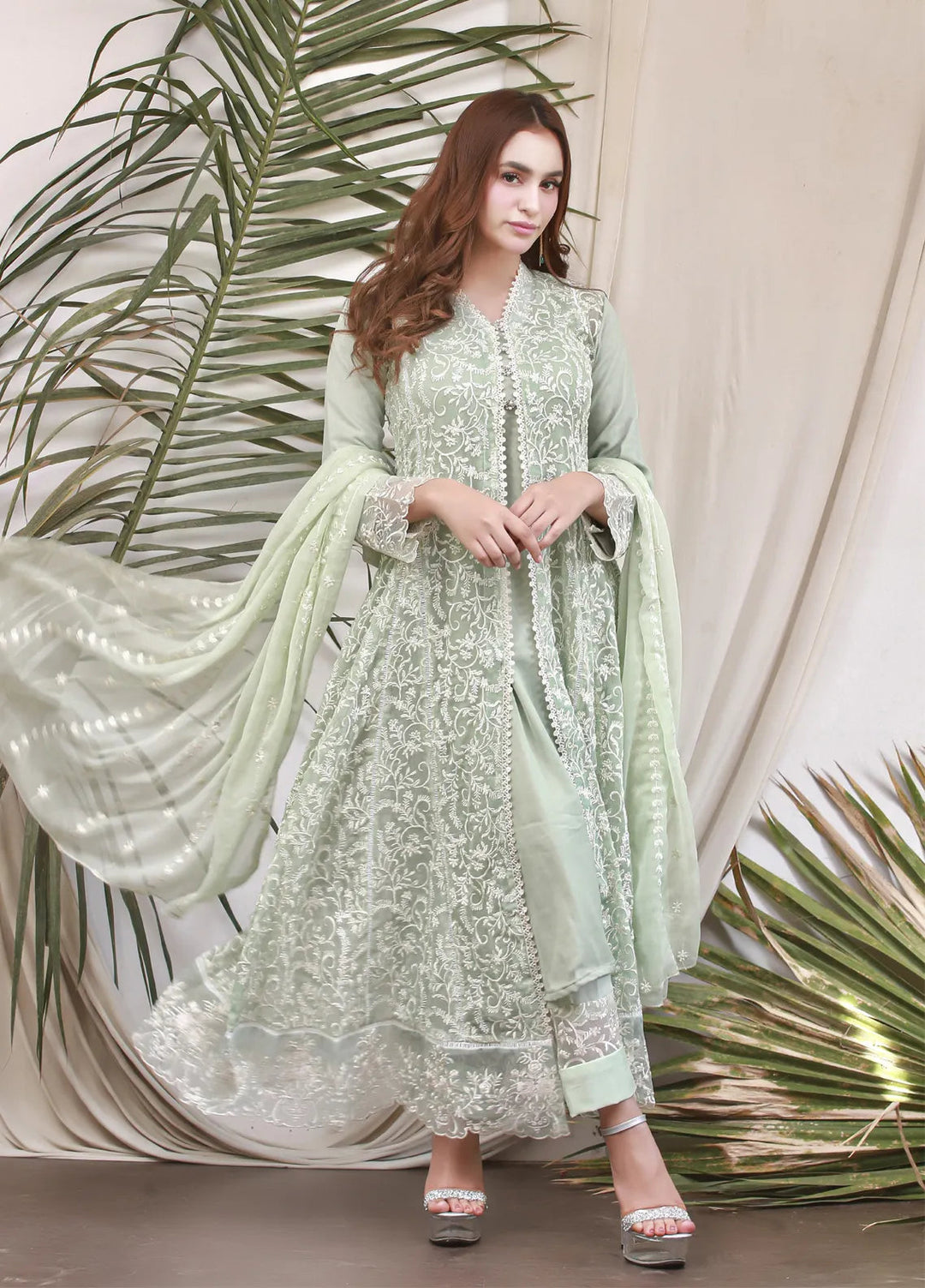 Mona Embroidery Luxury Pret Embroidered Chiffon 3 Piece Suit Elegance-Mint-Green