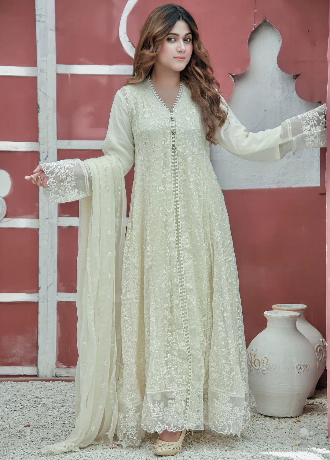 Mona Embroidery Luxury Pret Embroidered Chiffon 3 Piece Suit Elegance-Off-White