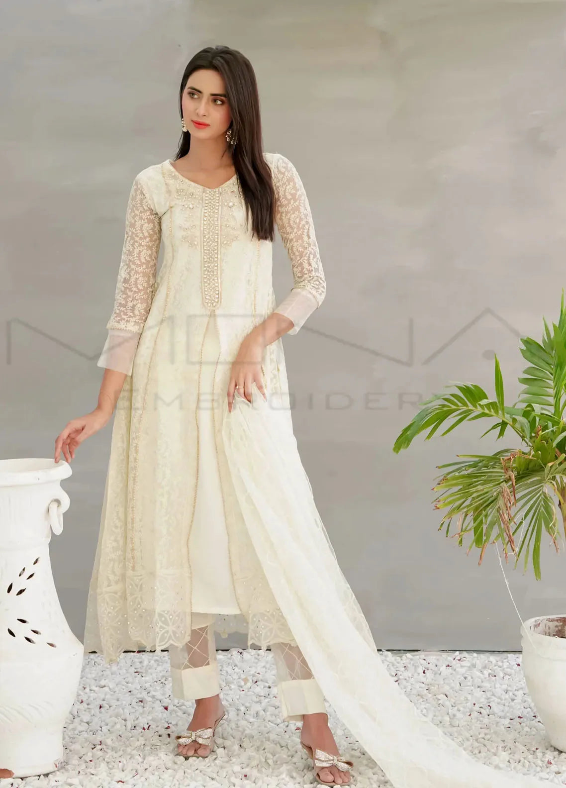 Mona Embroidery Pret Embroidered Chiffon 3 Piece Suit Aquamarine-Mint-Green