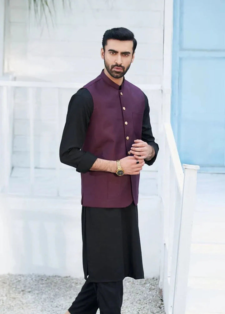 Muraqsh Black Kameez Shalwar with Burgundy Suiting Waistcoat Round Cut