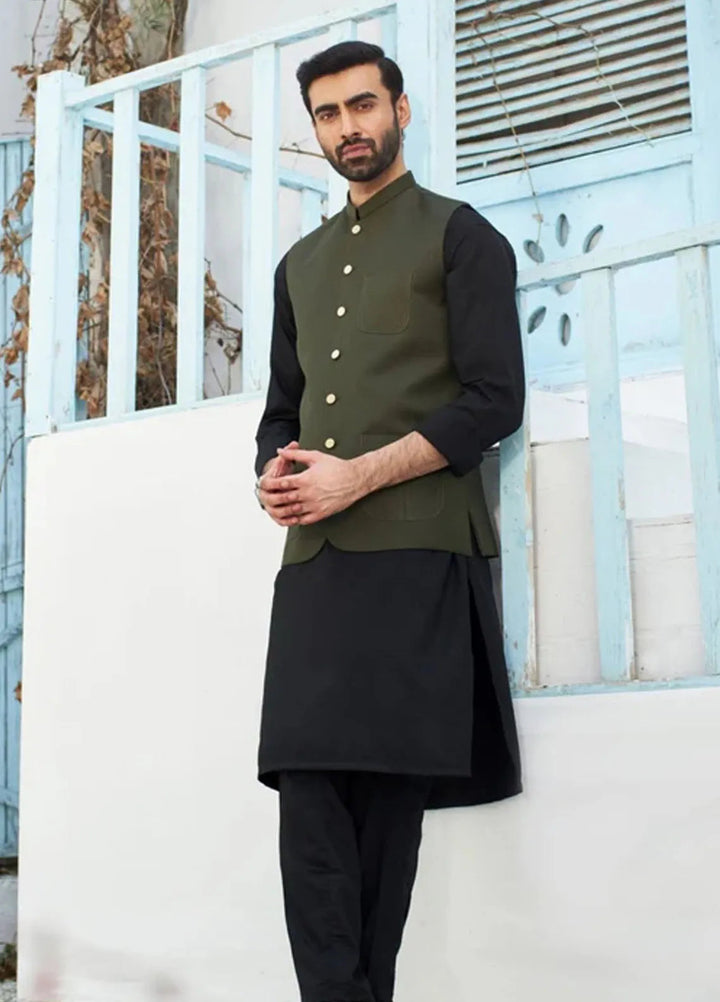 Muraqsh Black Kurta Trouser with Army Green Suiting Waistcoat Round Cut
