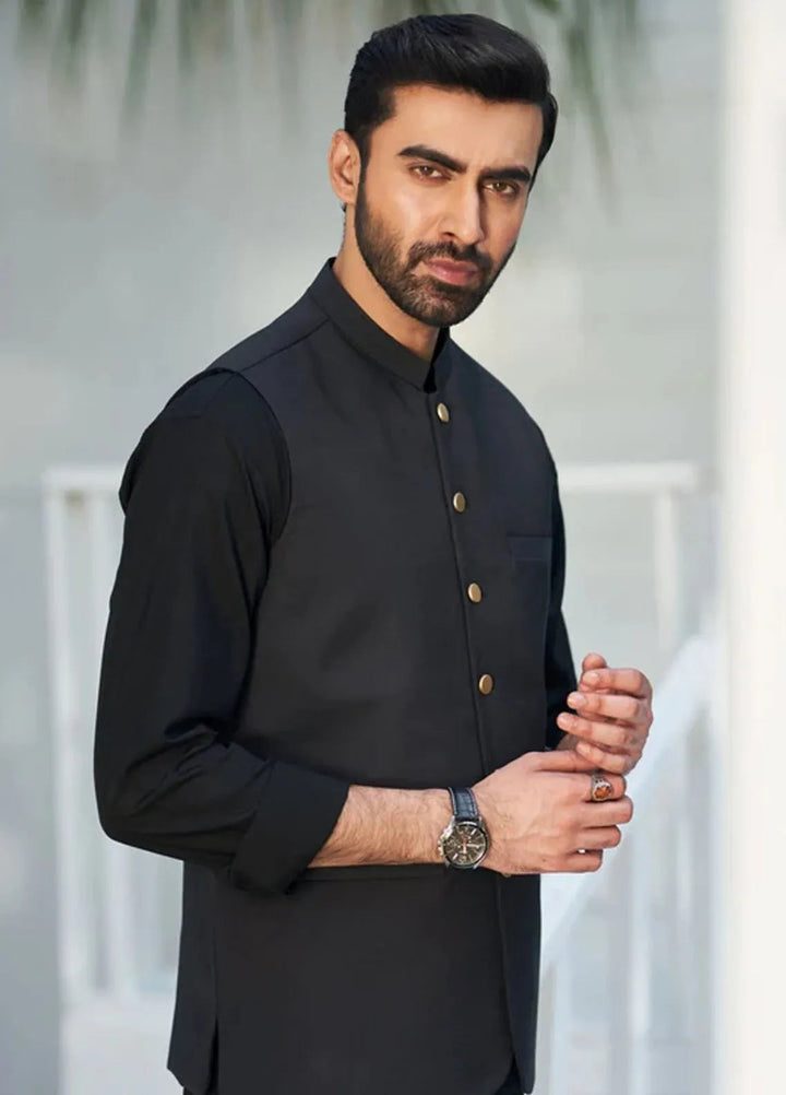 Muraqsh Black Kurta Trouser with Suiting Waistcoat Round Cut