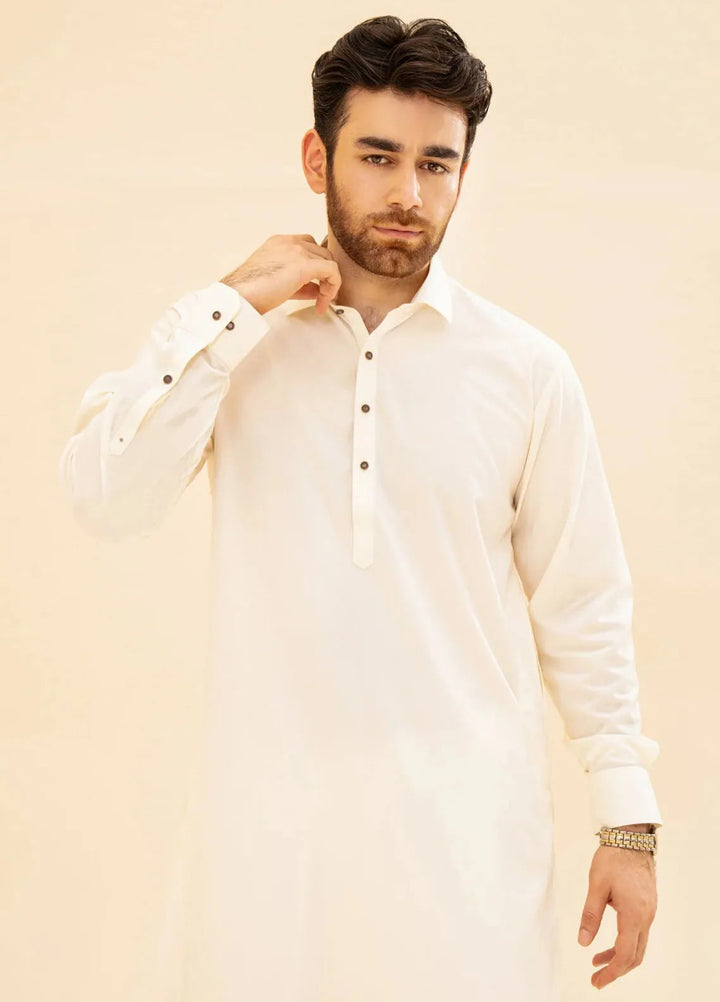 Muraqsh Blended Plain Mens Shalwar Kameez - Bosky White French Collar