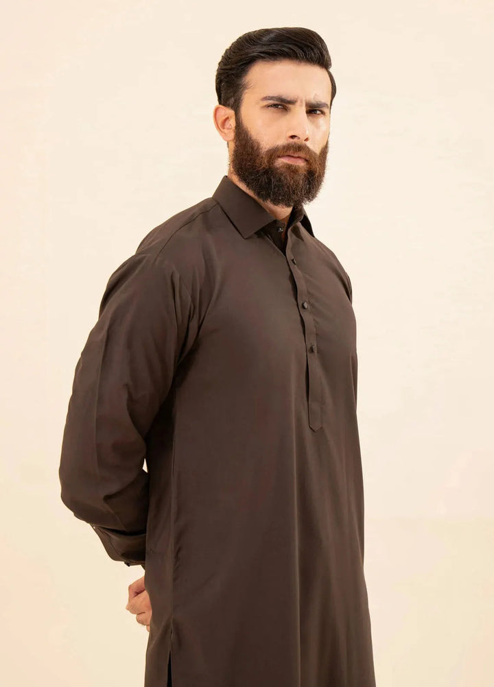 Muraqsh Blended Plain Mens Shalwar Kameez - Dark Brown French Collar