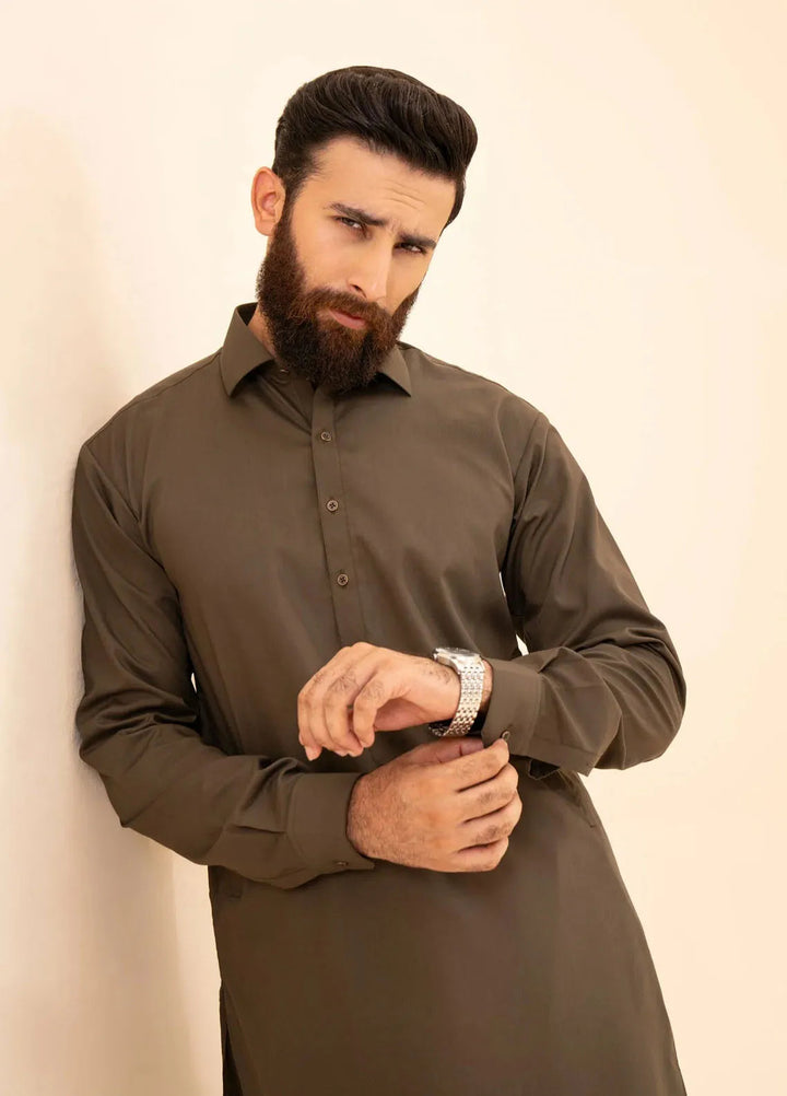Muraqsh Blended Plain Mens Shalwar Kameez - Olive Green French Collar
