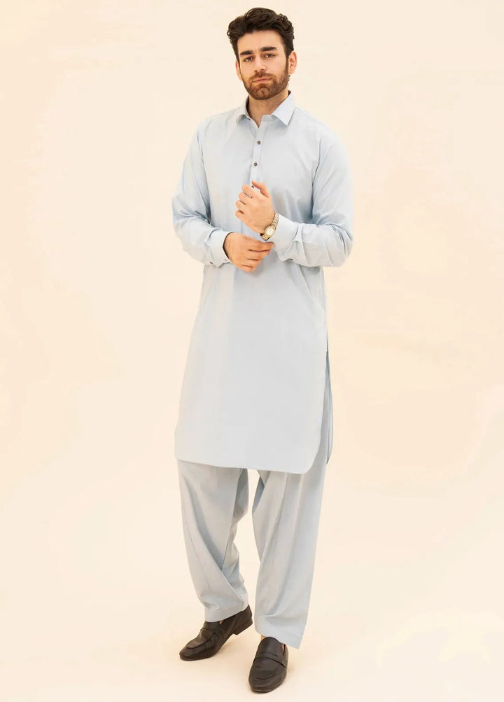 Muraqsh Blended Plain Mens Shalwar Kameez - Sky Blue French Collar