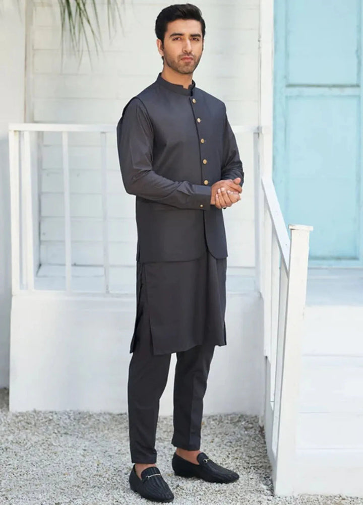 Muraqsh Charcoal Grey Kameez Shalwar with Suiting Waistcoat Round Cut