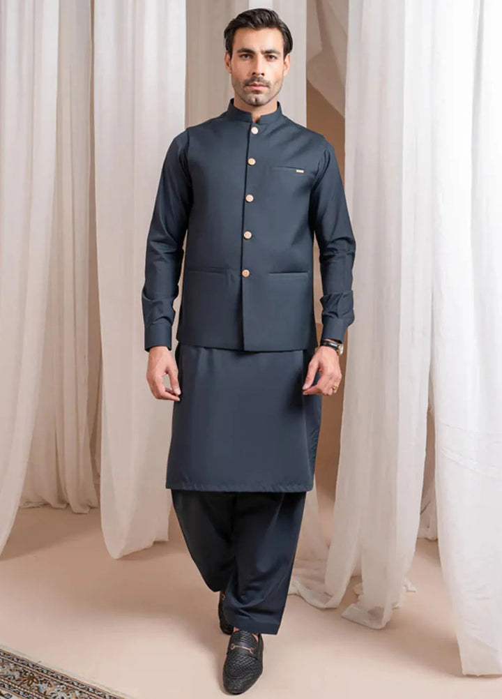 Muraqsh Charcoal Grey Kurta Shalwar with Suiting Waistcoat Straight Cut
