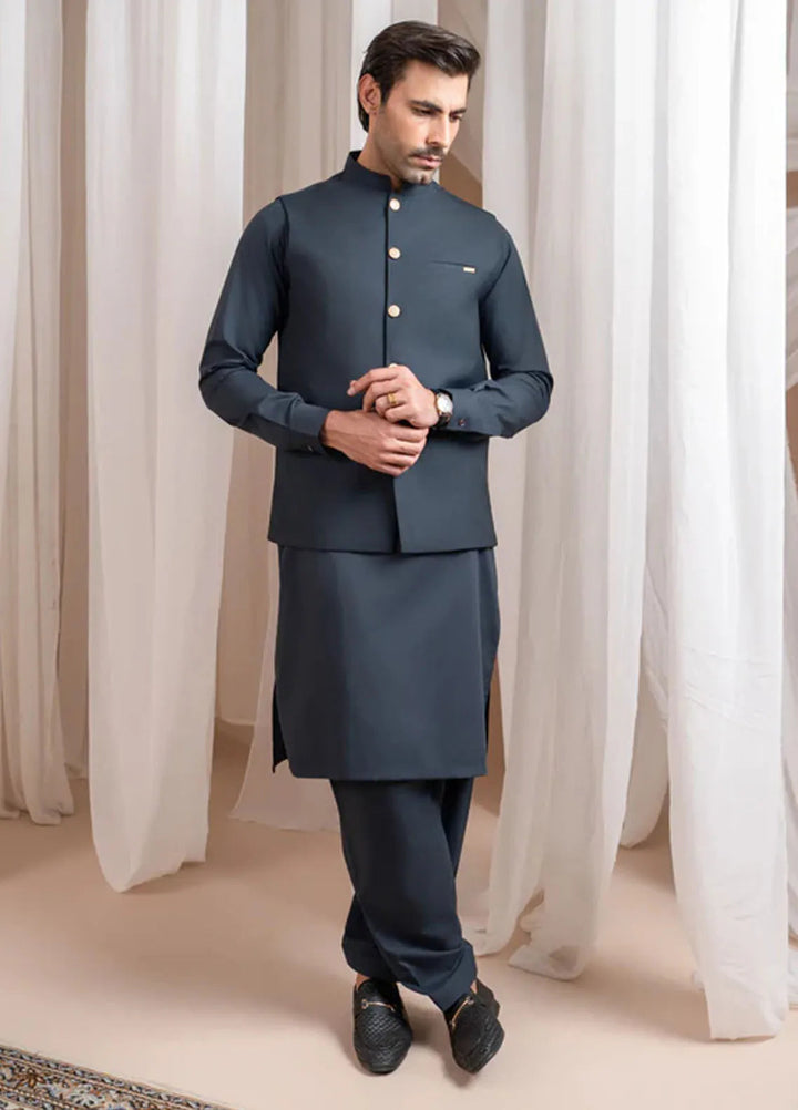 Muraqsh Charcoal Grey Kurta Shalwar with Suiting Waistcoat Straight Cut