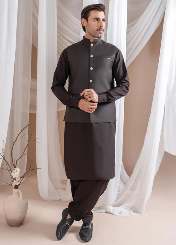Muraqsh Dark Brown Kurta Shalwar with Suiting Waistcoat Straight Cut
