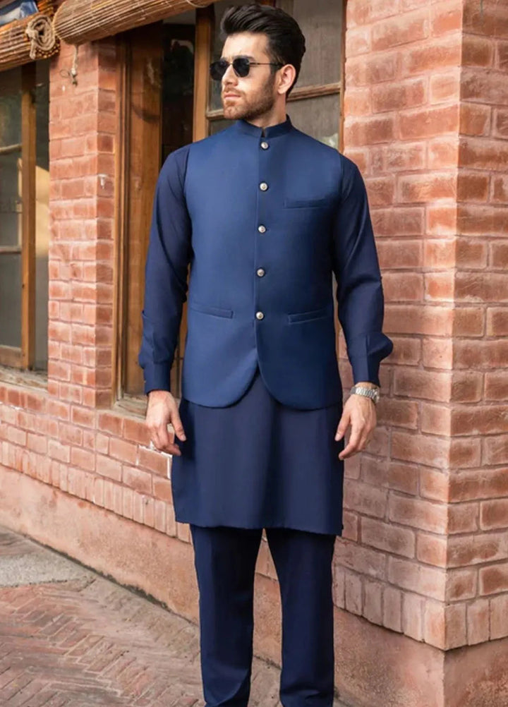 Muraqsh Navy Blue Kameez Shalwar with Suiting Waistcoat Round Cut