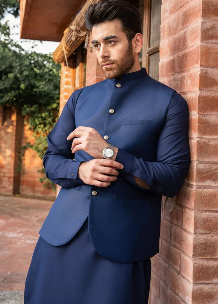 Muraqsh Navy Blue Kameez Shalwar with Suiting Waistcoat Round Cut