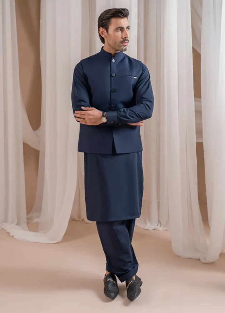 Muraqsh Navy Blue Kurta Shalwar with Suiting Waistcoat Straight Cut