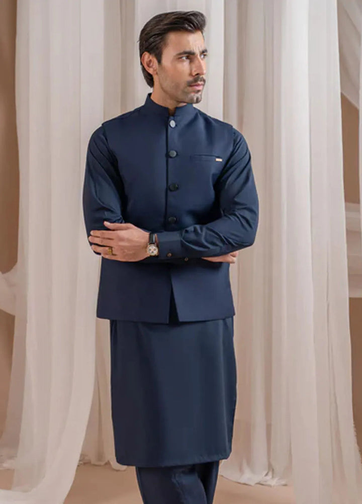 Muraqsh Navy Blue Kurta Shalwar with Suiting Waistcoat Straight Cut