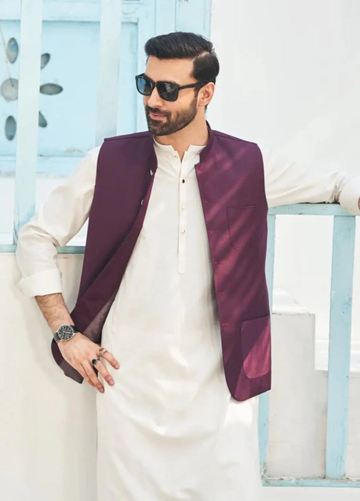 Muraqsh Off White Kameez Shalwar with Burgundy Suiting Waistcoat Round Cut