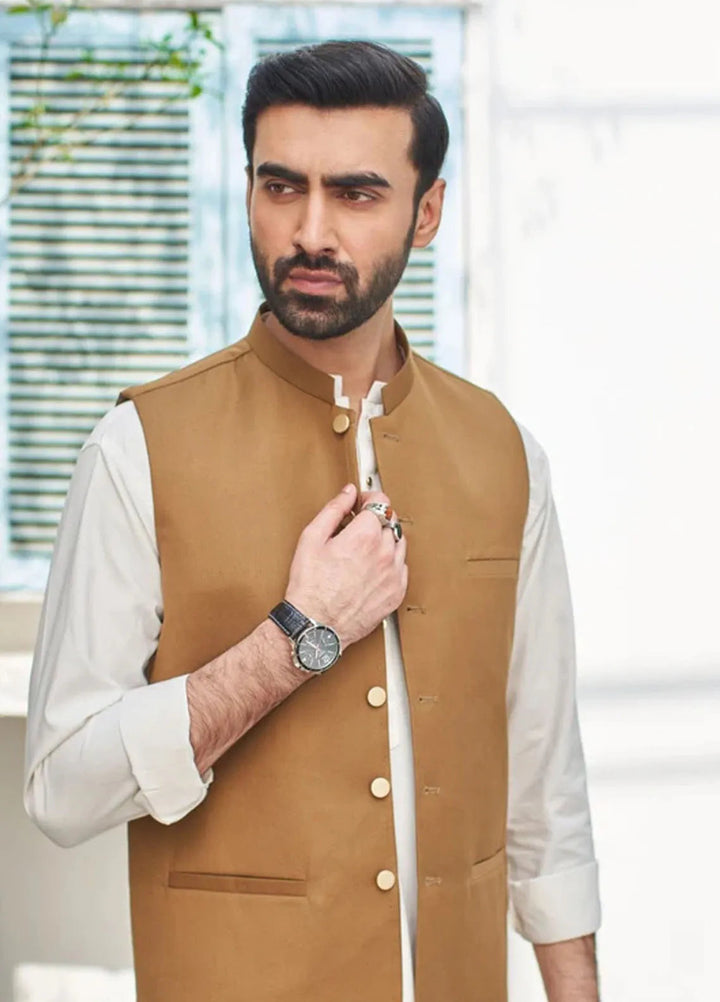 Muraqsh Off White Kameez Shalwar with Camel Suiting Waistcoat Round Cut