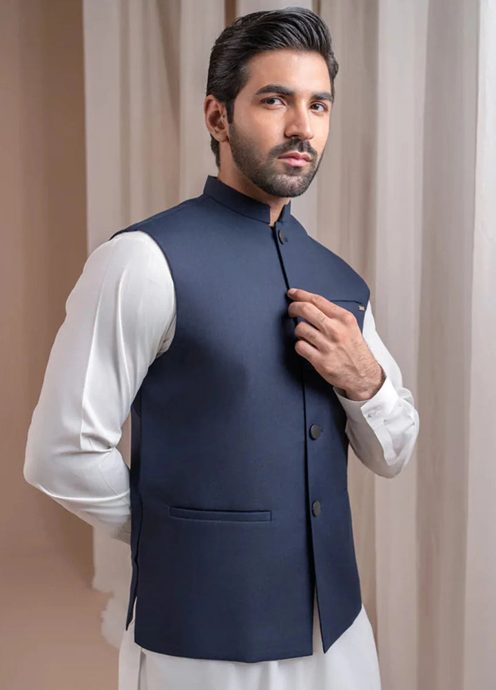 Muraqsh Off White Kurta Shalwar with Navy Blue Suiting Waistcoat Straight Cut