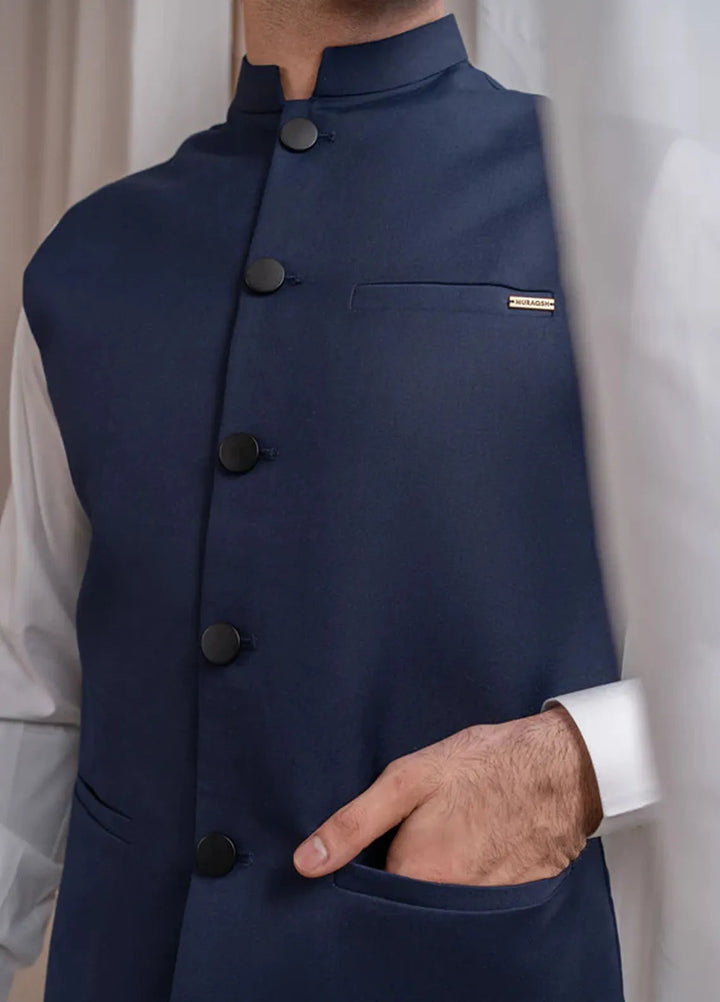 Muraqsh Off White Kurta Shalwar with Navy Blue Suiting Waistcoat Straight Cut