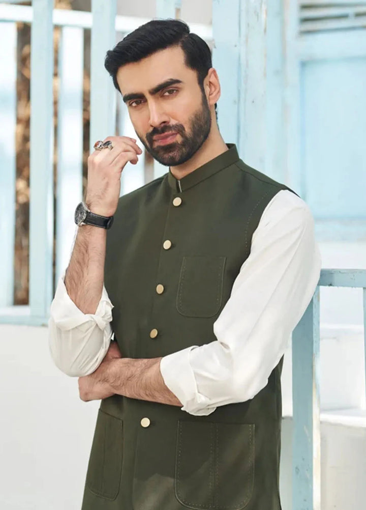 Muraqsh Off White Kurta Trouser with Army Green Suiting Waistcoat Round Cut