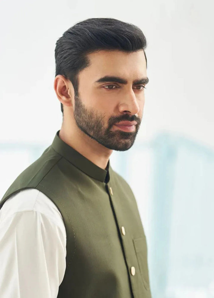 Muraqsh Off White Kurta Trouser with Army Green Suiting Waistcoat Round Cut
