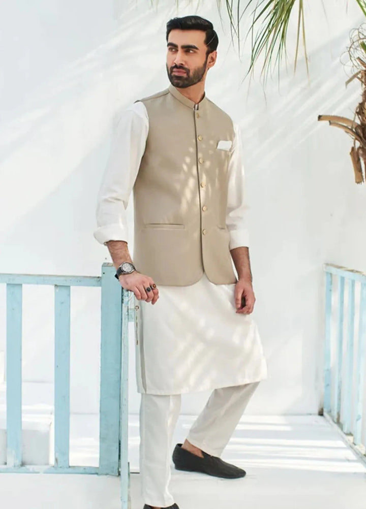 Muraqsh Off White Kurta Trouser with Beige Suiting Waistcoat Round Cut