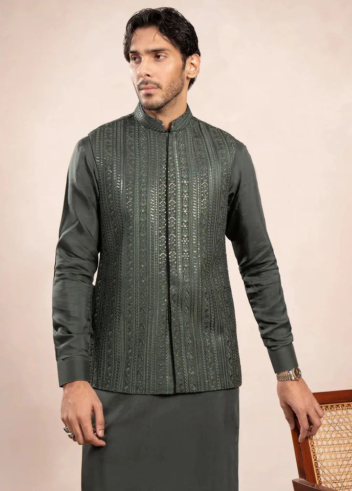 Muraqsh Pret Embroidered Raw Silk 1 Piece Olive Falling Embroidered Waistcoat