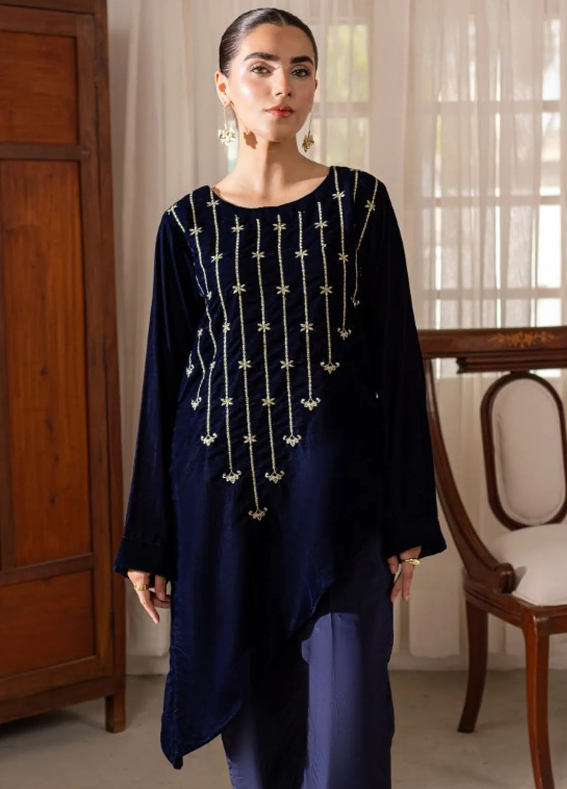 Naayas Luxury Pret  Silk Shirt Seablue