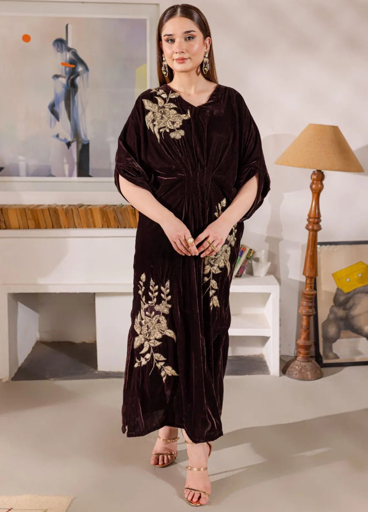 Naayas Luxury Pret Embroidered Velvet Kaftan Chocolate Moose