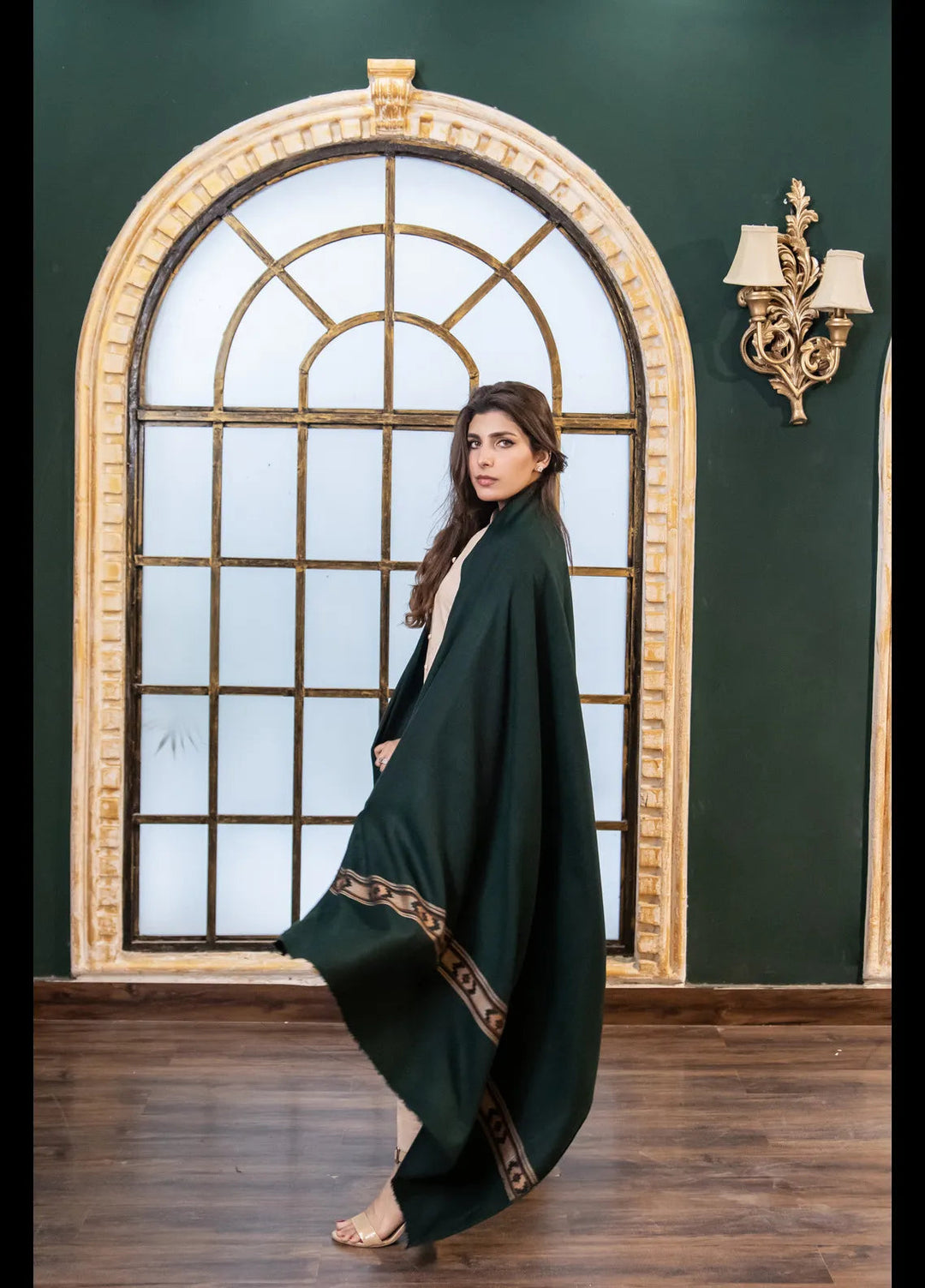 Naaz Couture Fancy Wool Shawl Bottle Green