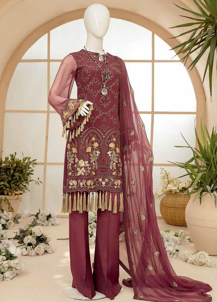 Nafeesah By Flossie Embroidered Chiffon Suits Unstitched 3 Piece N-506 Earth Red - Luxury Collection