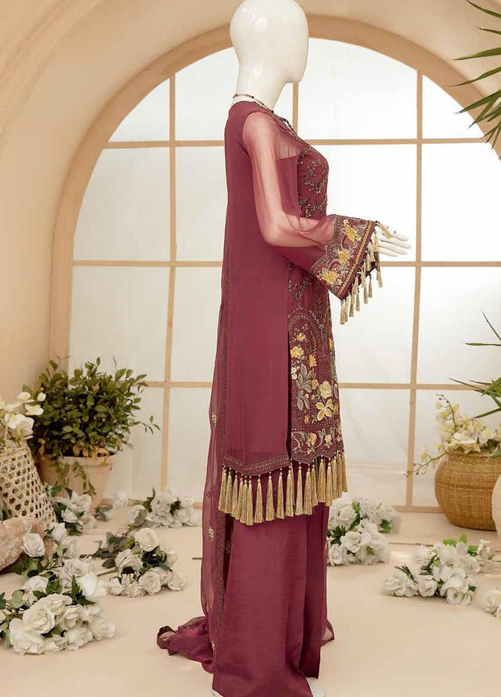Nafeesah By Flossie Embroidered Chiffon Suits Unstitched 3 Piece N-506 Earth Red - Luxury Collection