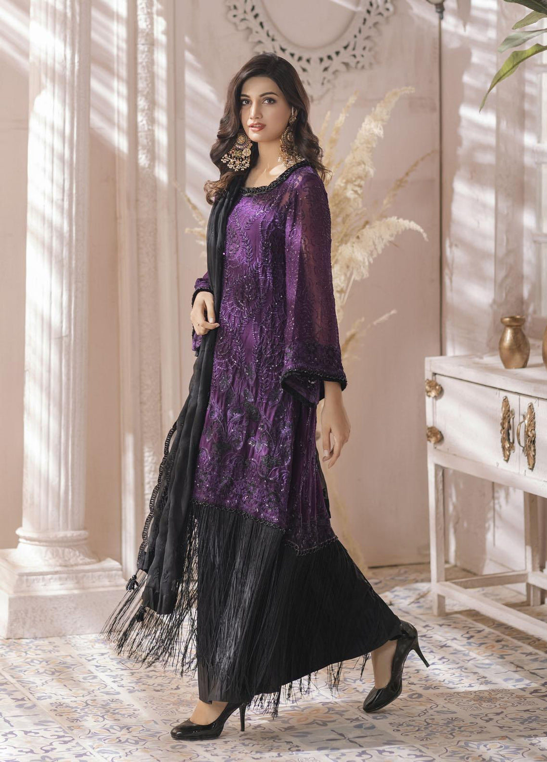 Naushad Imdad Embroidered Chiffon Suits Unstitched 3 Piece ND22LC NI-LC-006 CRUSHED GRAPES - Luxury Collection