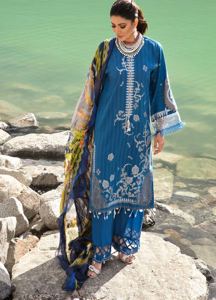 Nisa Hussain Embroidered Lawn Suits Unstitched 3 Piece NSH21L 03 BALEINE BLUE - Luxury Collection