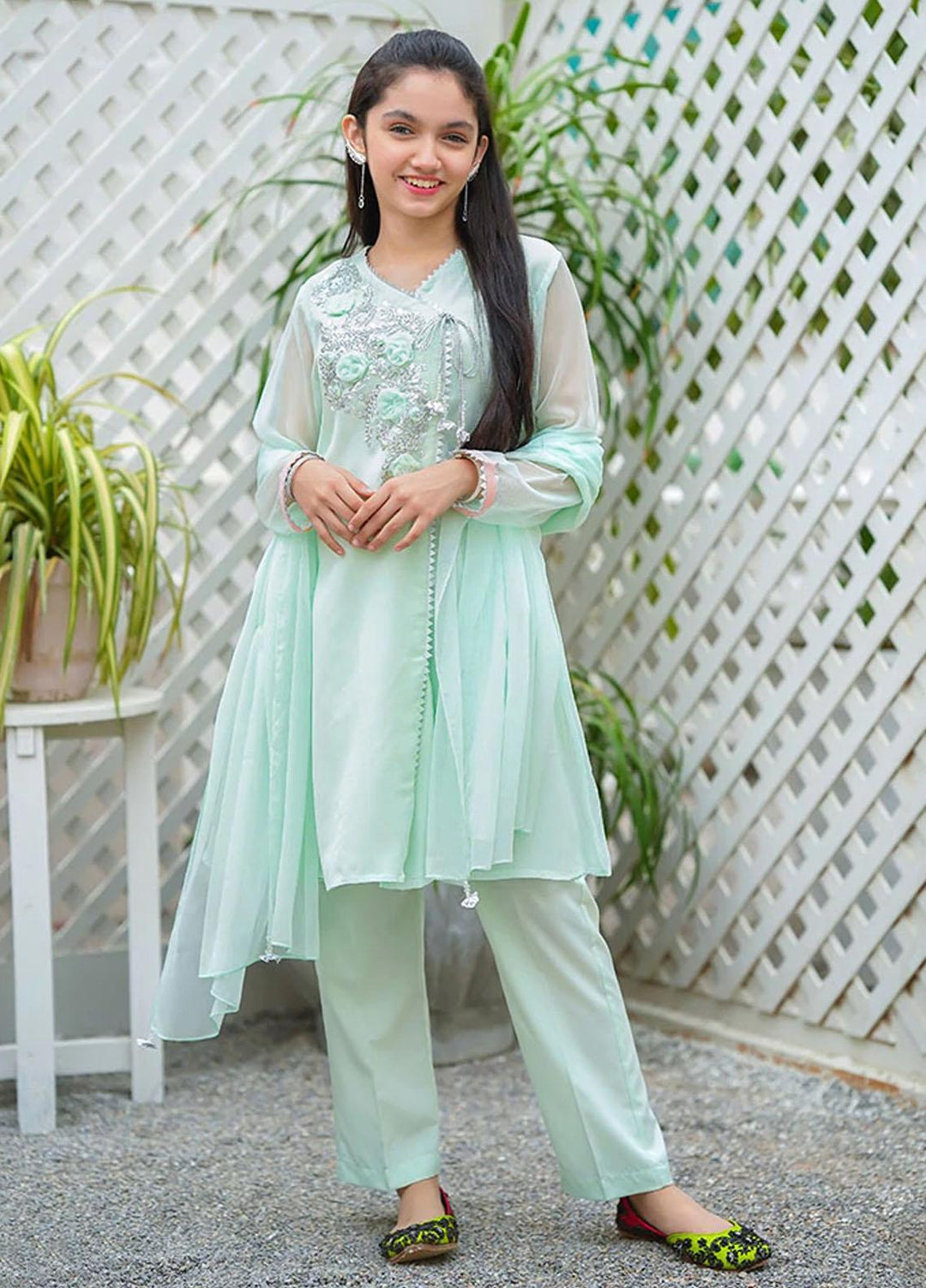 Ochre Chiffon Fancy 3 Piece Suit for Girls - OFW 469