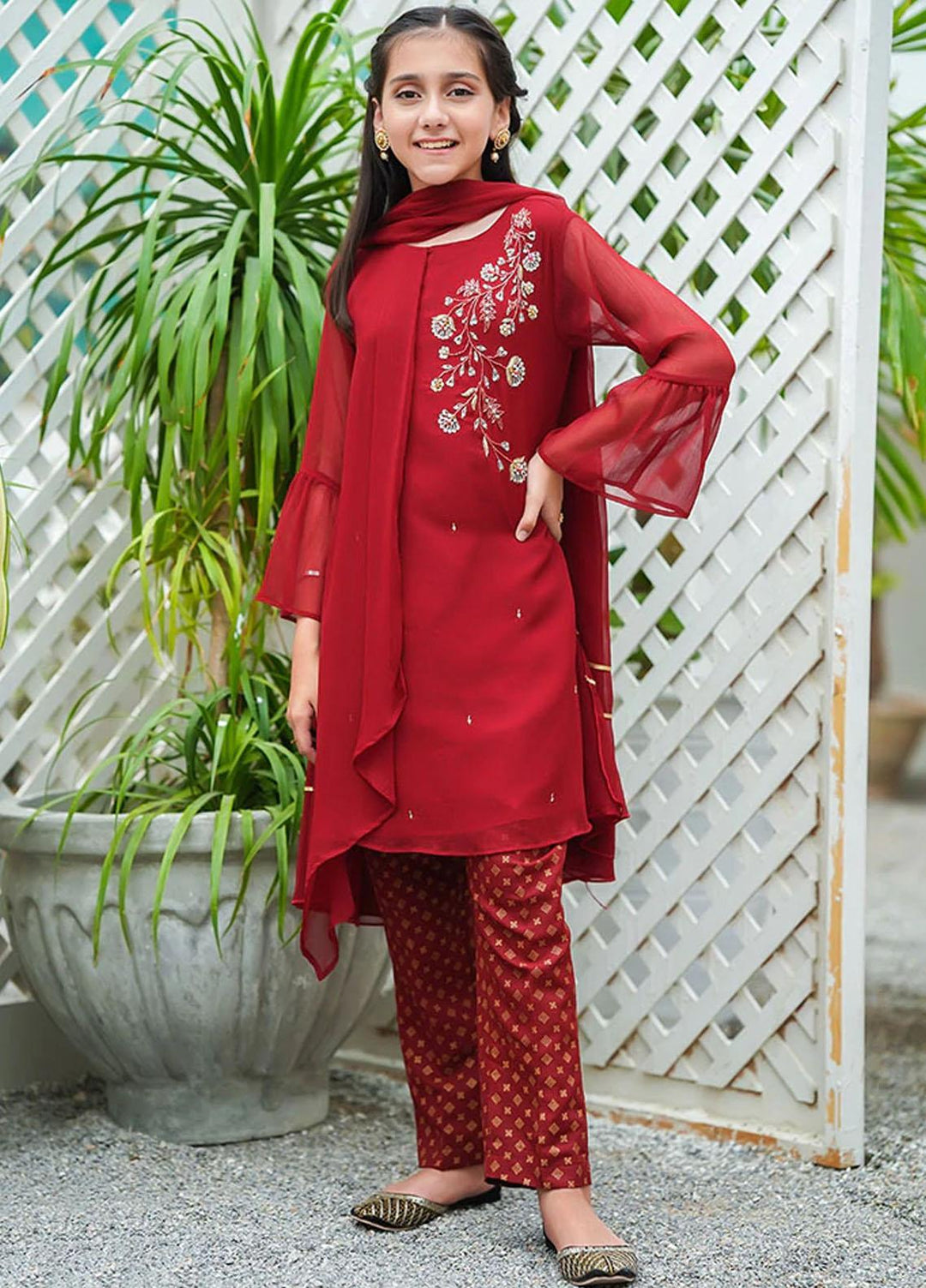 Ochre Chiffon Fancy 3 Piece Suit for Girls - OFW 481