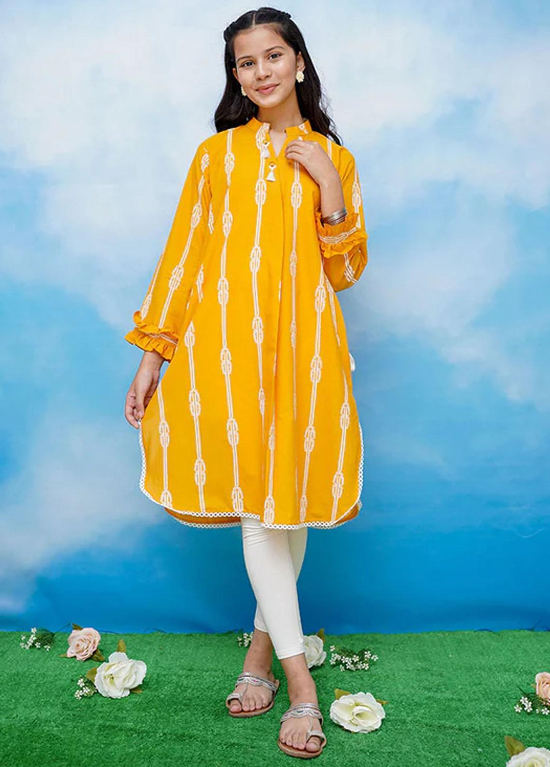 Ochre Cotton Printed Kurti for Girls - OFK 845