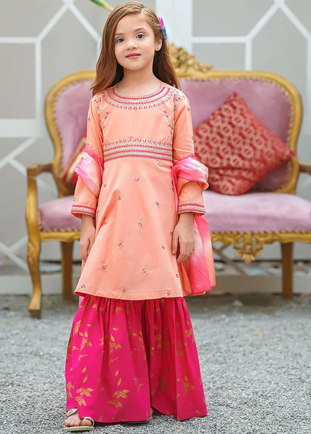 Ochre Cotton Embroidered 3 Piece for Girls - OFW 486