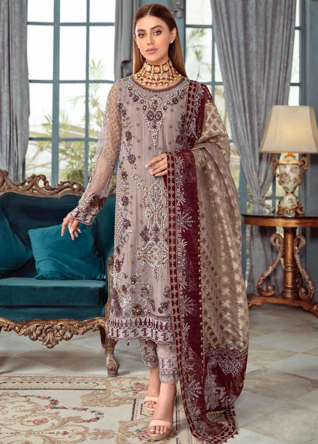 Ramsha Embroidered Net Suits Unstitched 3 Piece RSH22WD H-105 - Wedding Collection