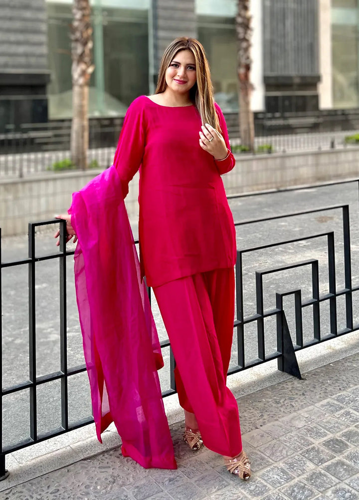 Rangeen Pret Printed Raw Silk 3 Piece Suit Ruby