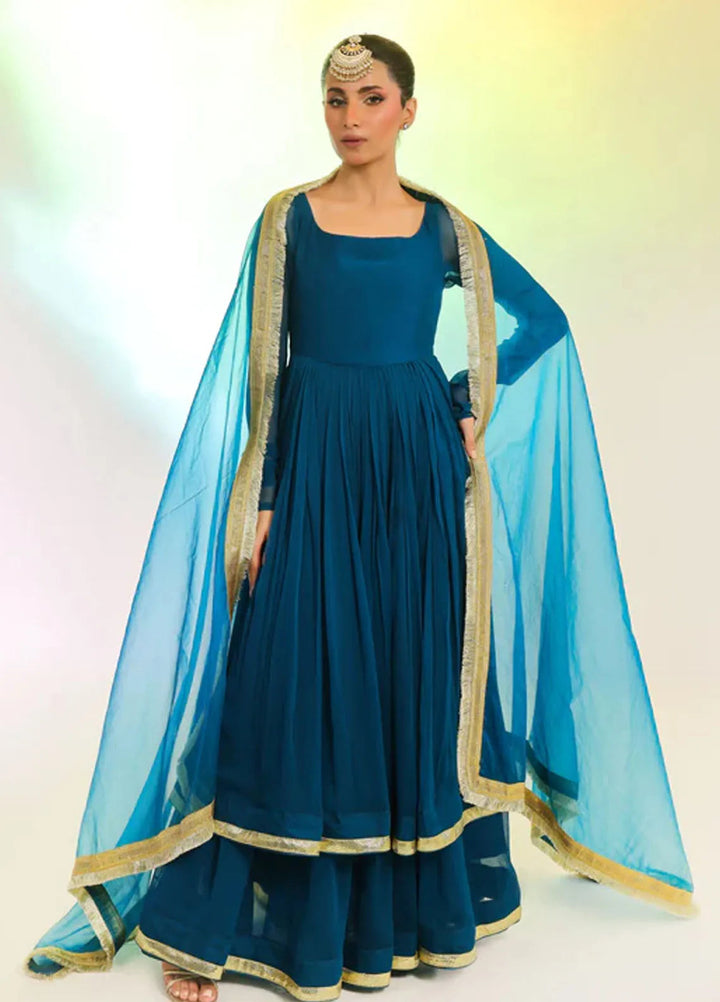 Ripret Pret Embroidered Chiffon 2 Piece Suit Teal Tier Pishwas