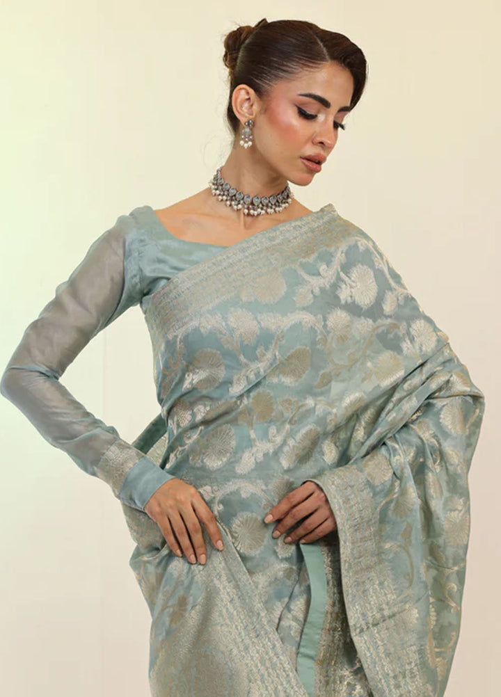 Ripret Pret Embroidered Chiffon 3 Piece Mint Banarsi Saree