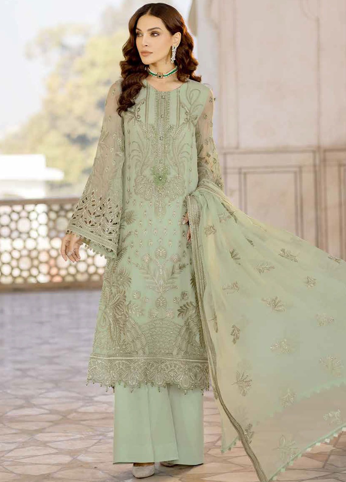 Flossie Embroidered Chiffon Suits Unstitched 3 Piece HONEY PEACH - Luxury Collection