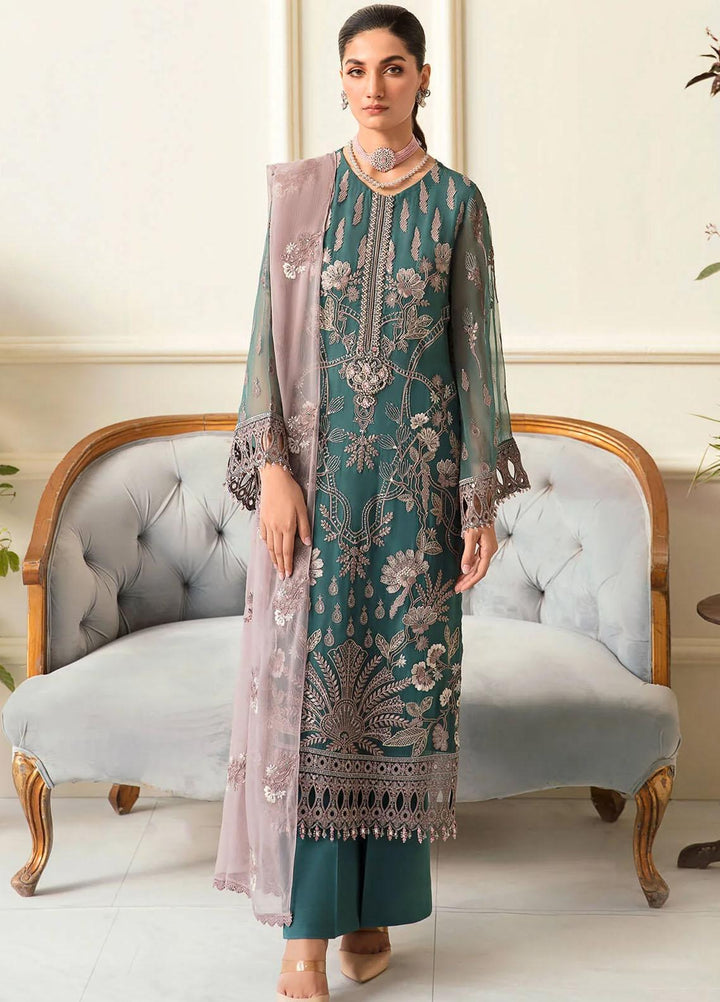 Safeera By Flossie Embroidered Chiffon Suits Unstitched 3 Piece FS23SFLU S-1209 Brush Green - Luxury Collection