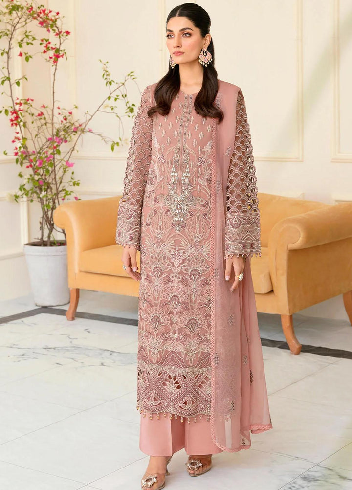 Safeera By Flossie Embroidered Chiffon Suits Unstitched 3 Piece FS23SFLU S-1208 Shell Pink - Luxury Collection