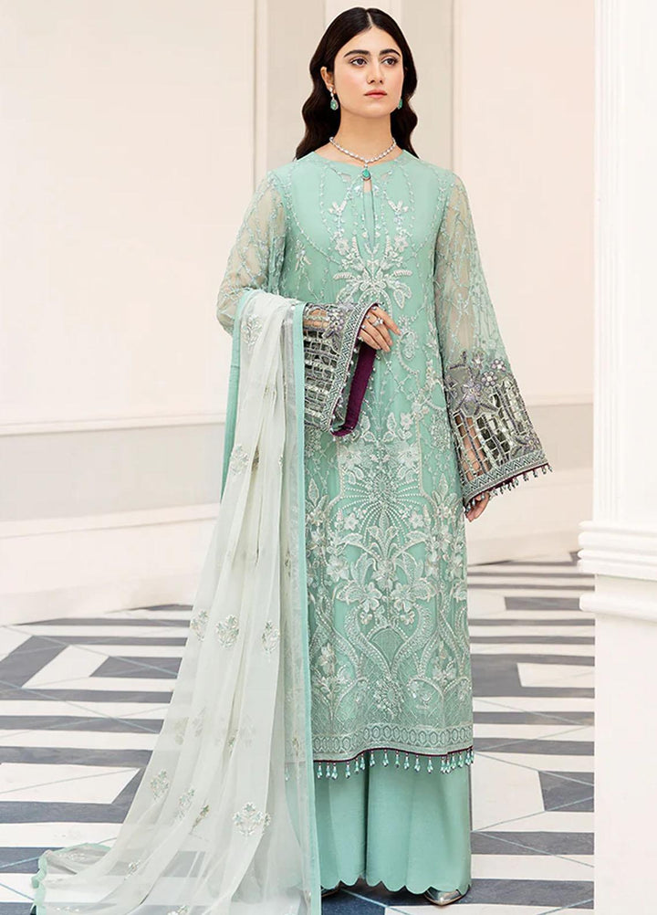 Safeera By Flossie Embroidered Chiffon Suits Unstitched 3 Piece FS23SFLU S-1102 Intensified Aqua - Luxury Collection
