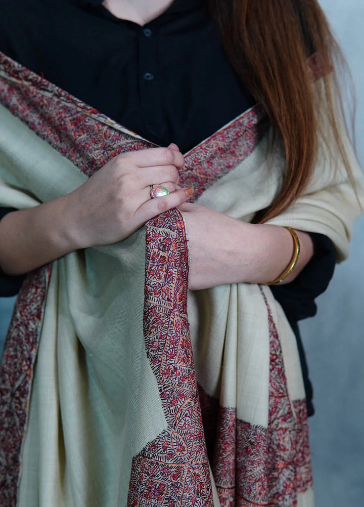 Sanaulla Exclusive Range Pashmina Shawl MAMA D-5 Cream - Winter Collection